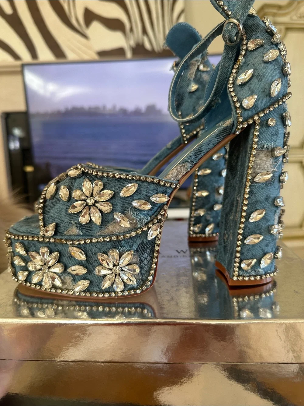 Denim Blue Crystal Floral Platform Sandals